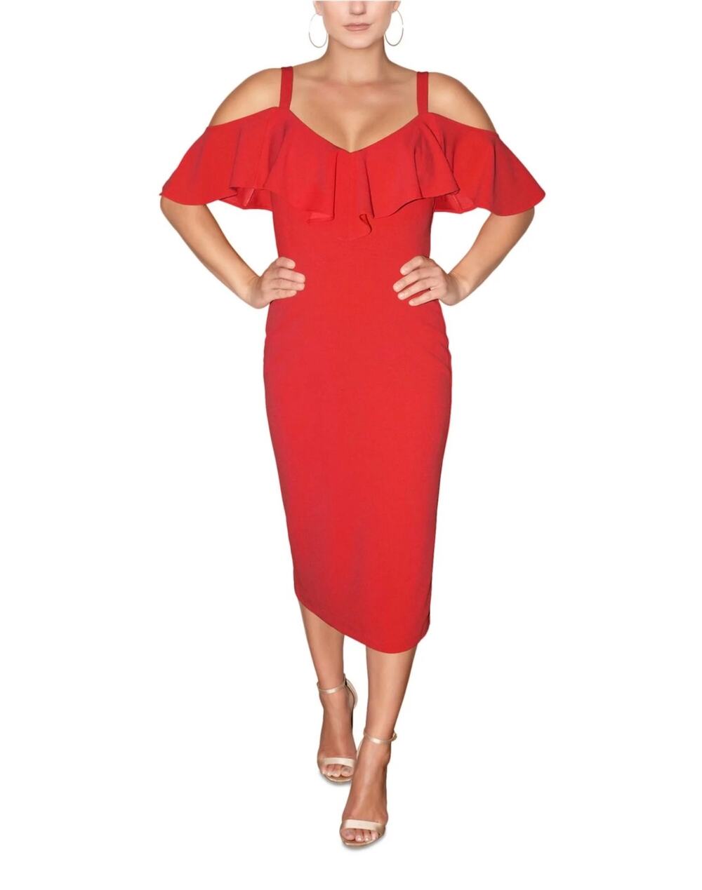 Rachel Roy Marcella Rio Red Ruffle Sheath Open Shoulder Cocktail Dress Small